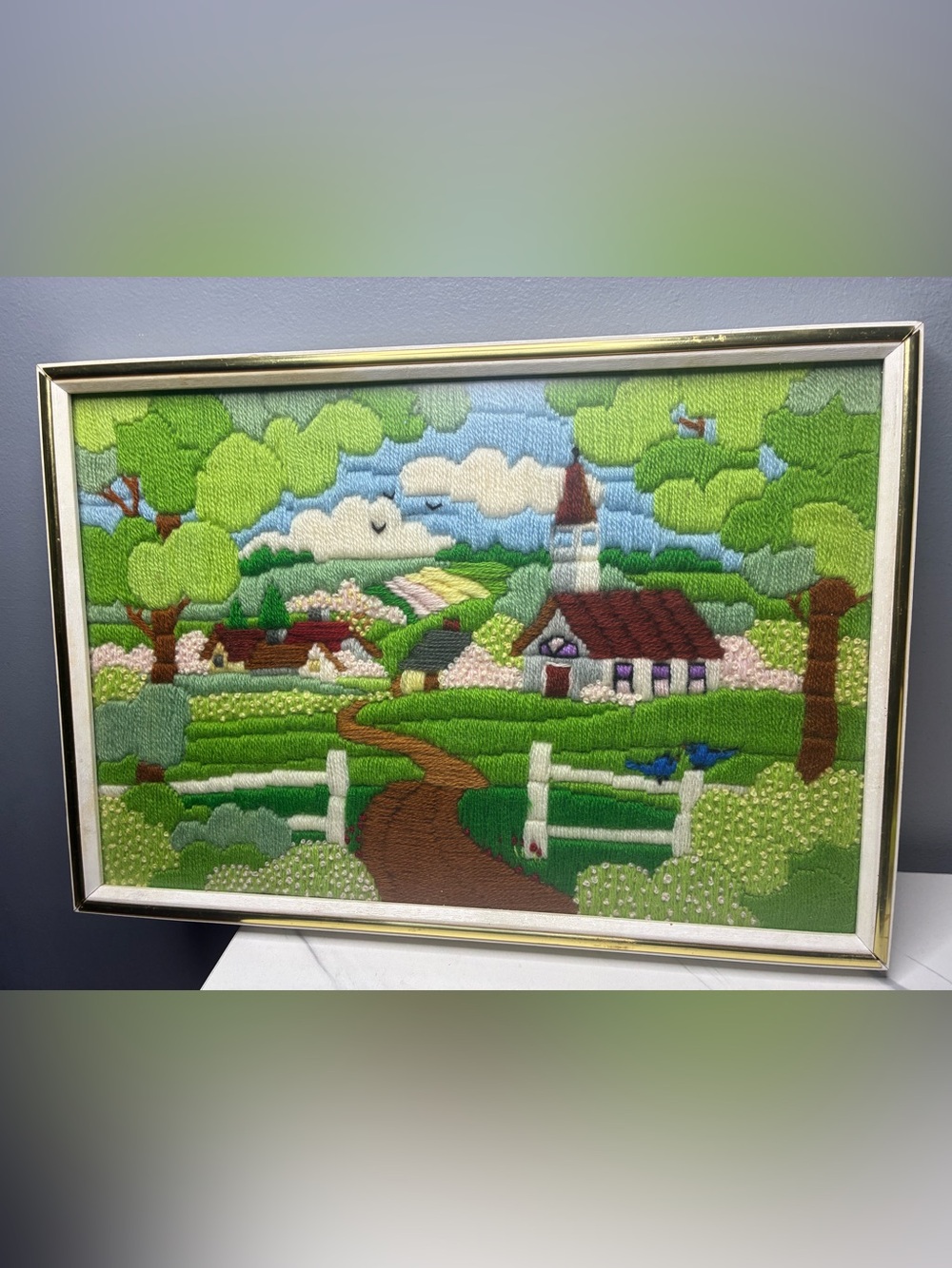 Vintage 60s 70s Crewel Embroidery Country Cottage Landscape Framed Wall Art
